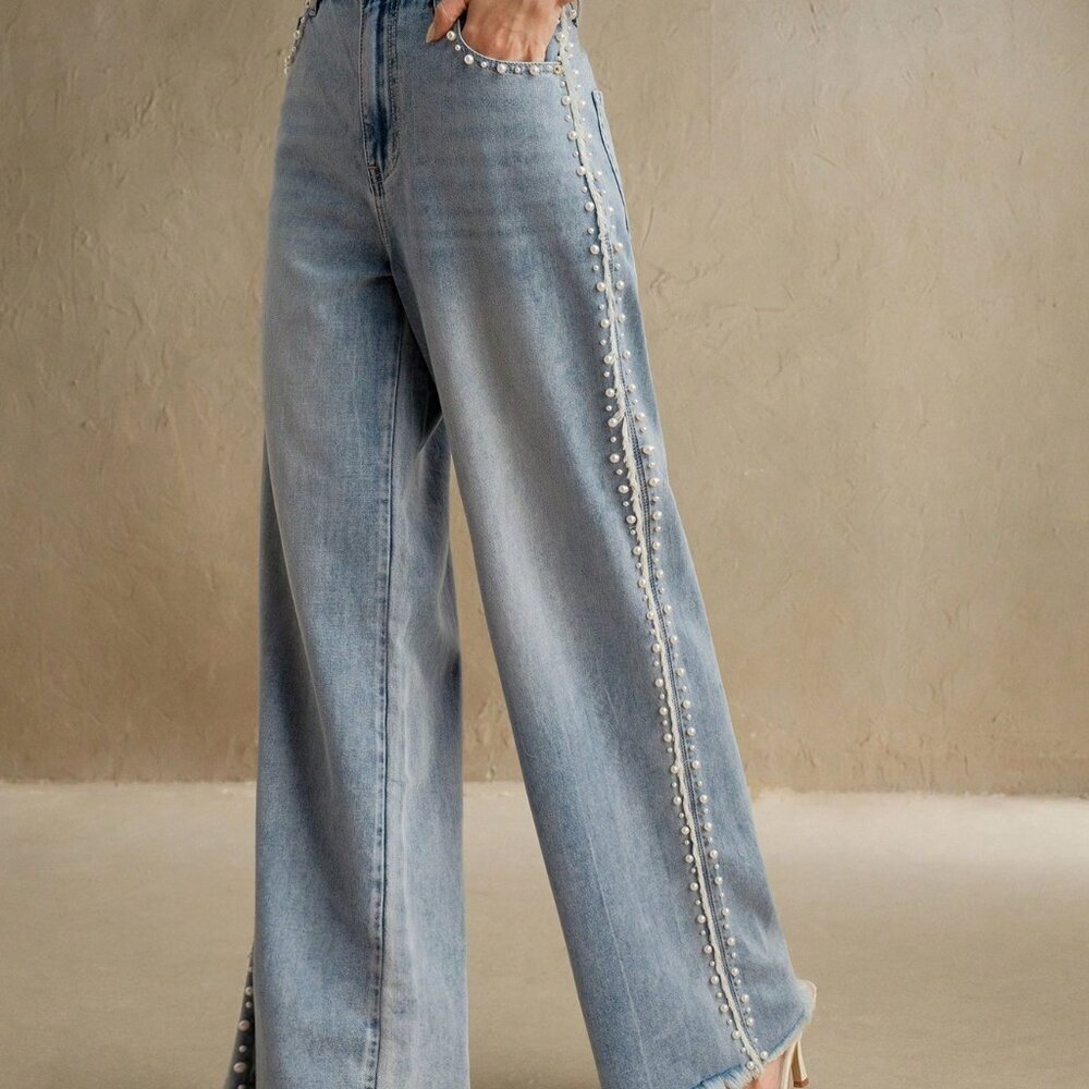 Blue Casual Women's Denim Jeans With Pearls And Pockets - Picture 2 of 7